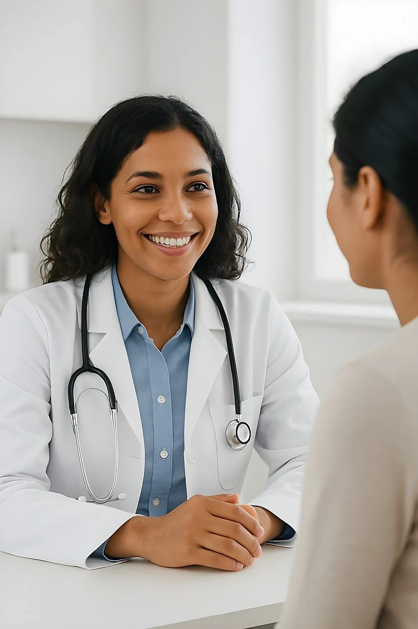 Foto einer Ärztin, sitzend am Schreibtisch. Gegenüber sitzt ein:e Patient:in. 