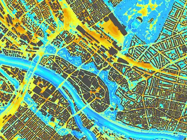 Ausschnitt der Wärmebelastungskarte aus der Stadtklimaanalyse für Bremen. Der Ausschnitt zeigt die Wallanlagen.