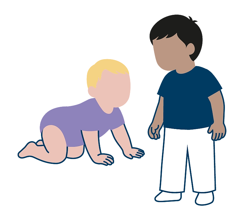 An illustration of a crawling baby and a standing Toddler.