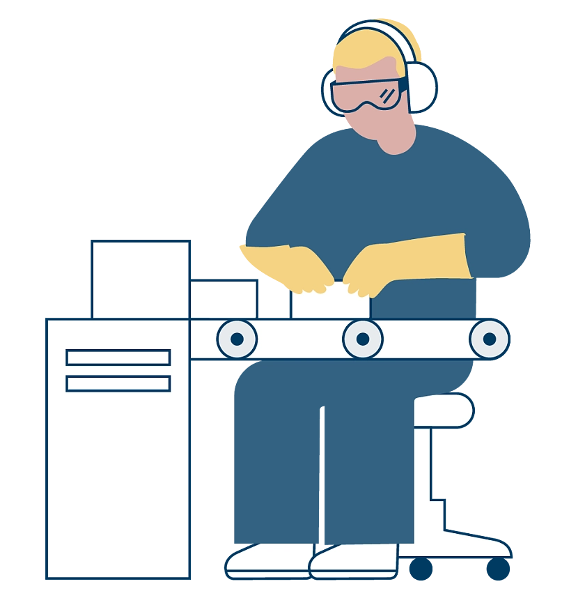 Illustration eines Arbeiters mit Hörschutz, Handschuhen und Schutzbrille an einem Fliesband