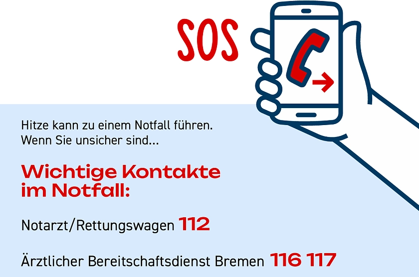 Informationsblatt Illustration eines Handys mit Telefonnummer 112 zum Notarzt und Telefonnummer 116 17 zu Ärzten