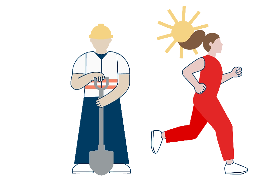Illustration eines Bauarbeiters mit Schaufel und einer Joggerin in der Sonne
