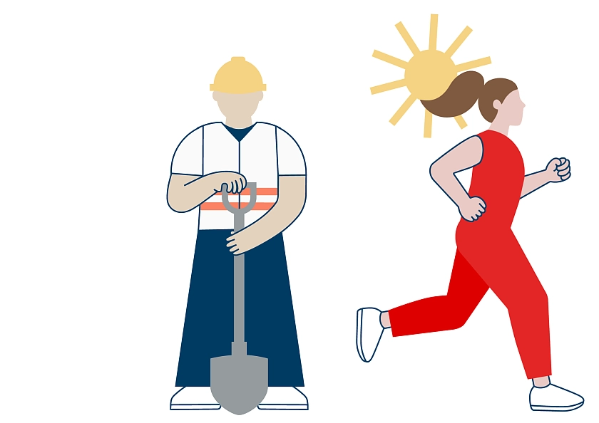 An illustration of a construction worker standing and a woman running below a sun. 