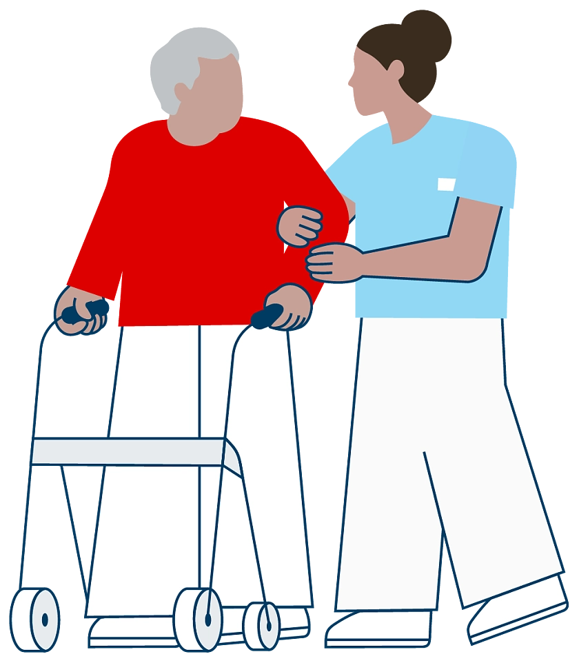 An illustration of an older person being held at the arm by a caretaker.