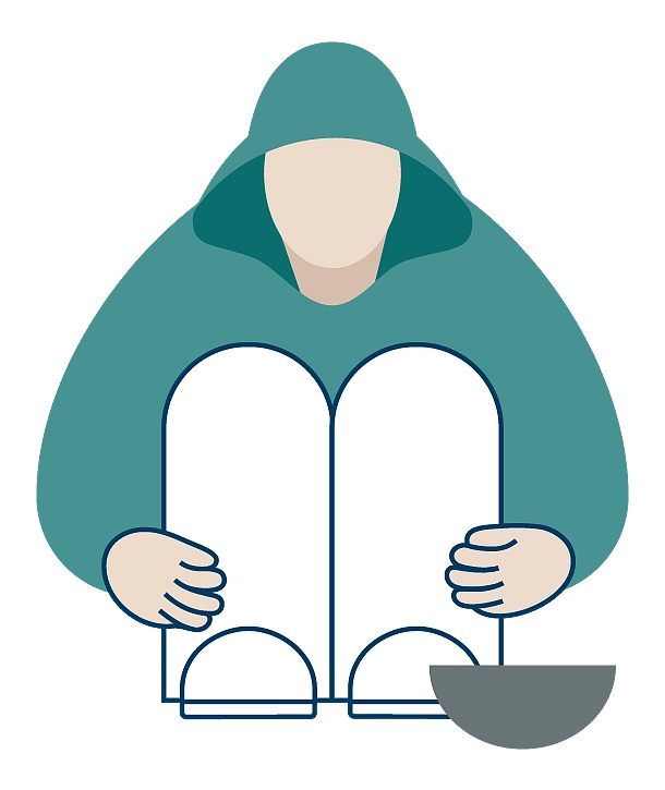 An illustration of a person sitting in front of a bowl. 