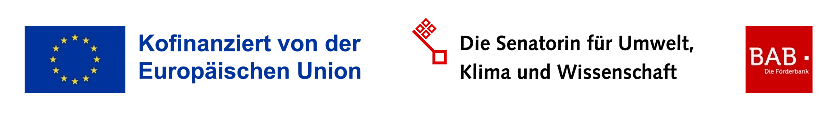 Logos der Europäischen Union, der Senatorin für Umwelt, Klima und Wissenschaft und der Bremer Aufbaubank