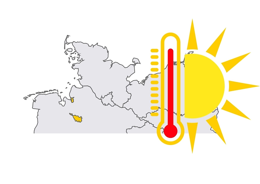 Kartenausschnitt mit Fokus aus Bremen mit einer Sonne und einem Thermometer