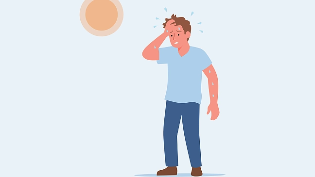 Graphic: Man sweating heavily due to sun exposure.