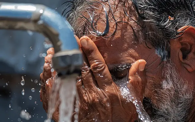 Man cools himself down with water on his face.