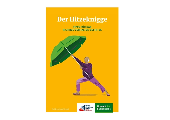 Coverseite des Hitzeknigge, eine gelbe Seite mit einem älteren Mann der einen Sonnenschirm hält 