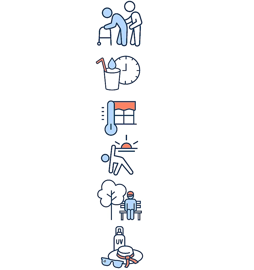 Icons for the different tips: a person helping a person with a walking frame, a cup of water, a shutter, person doing sports in the morning or evening, a person sitting on a bench in the shade, sun hat and sunscreen 