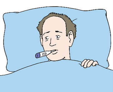 Person liegt mit Fieber im Bett.